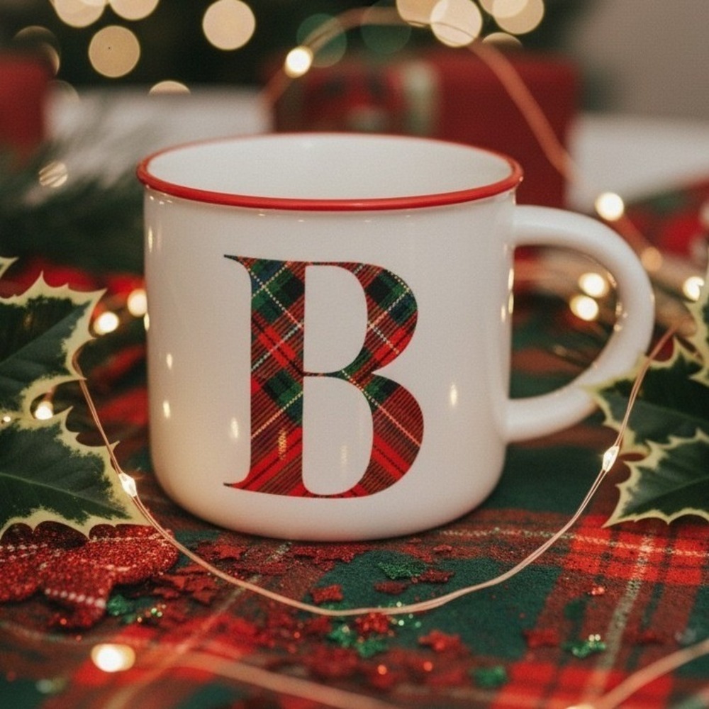 Bee & Willow Plaid Monogram Mug, Letter B Ceramic 16oz Personalized Coffee Cup